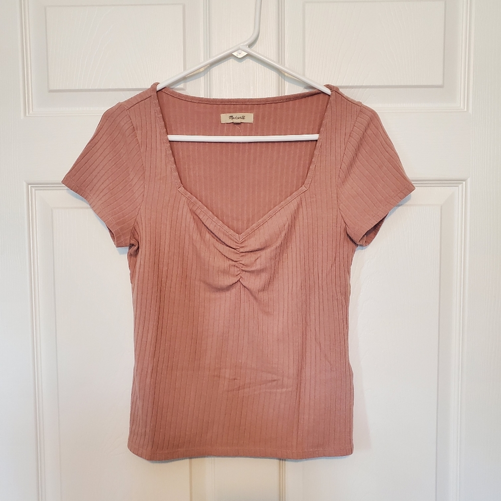 Madewell Ribbed Sweetheart Tee in Dusty Rose Pink Blush - Size M